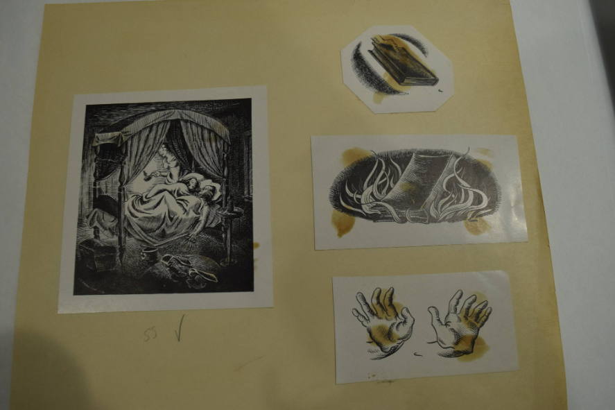 4 prints of a man and woman in bed getting caught by another woman, a book burning and hands holding a book