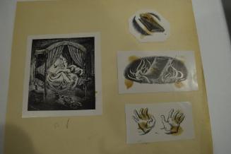 4 prints of a man and woman in bed getting caught by another woman, a book burning and hands holding a book