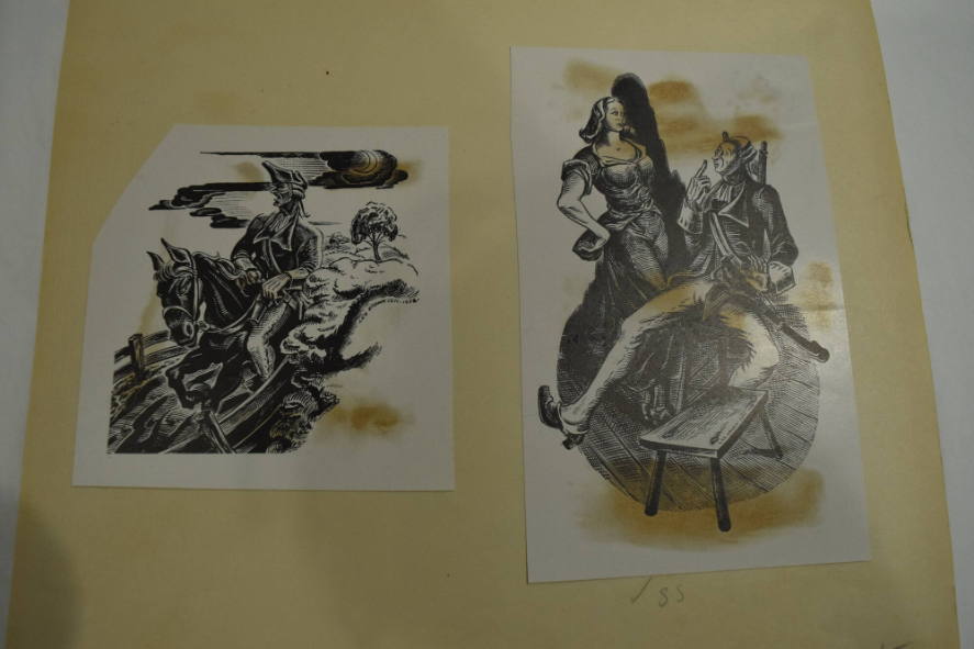 2 prints, Colonial soldier on horse and a Colonial soldier with a woman