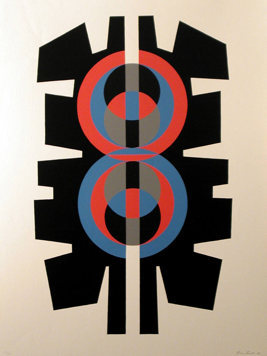 Untitled (Blue, Red, and Black Circles in Center, Surrounded by Black Blocks)