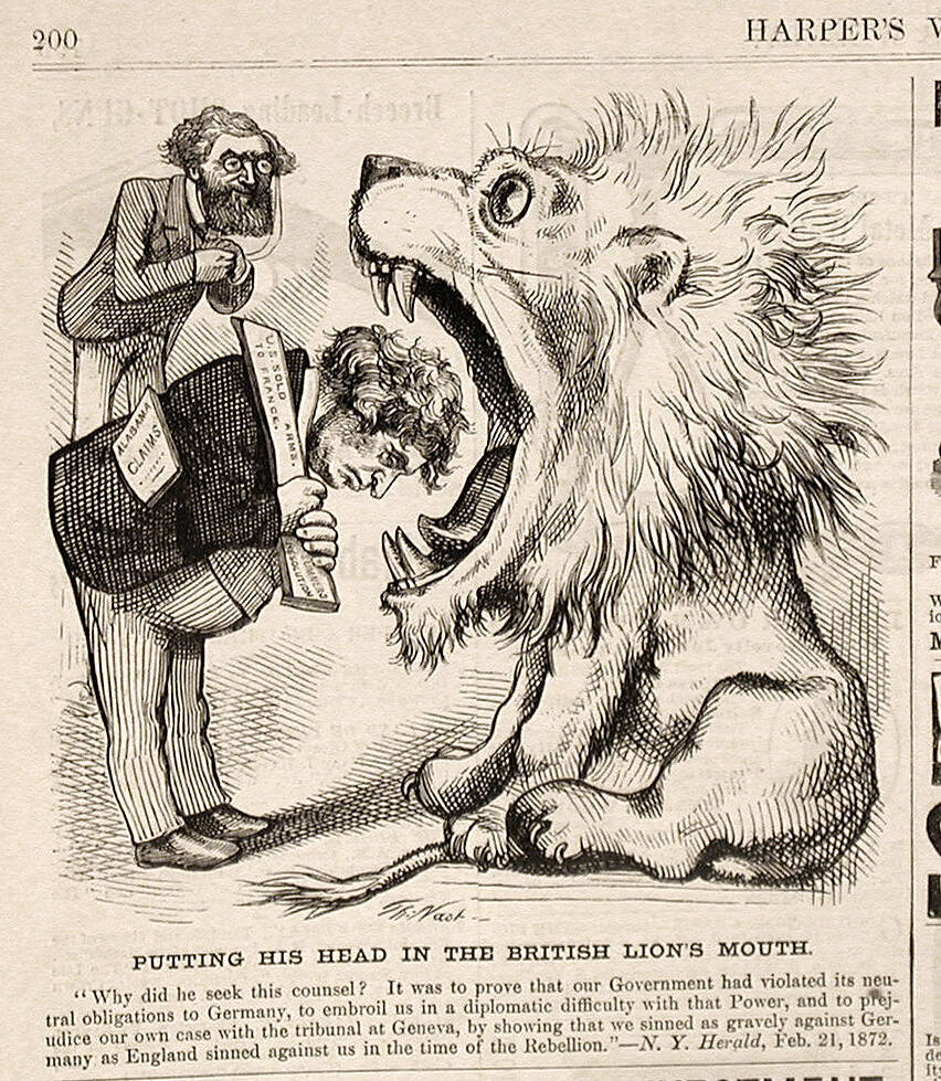 "Putting His Head In the British" from Harper's Weekly, March 9, 1872