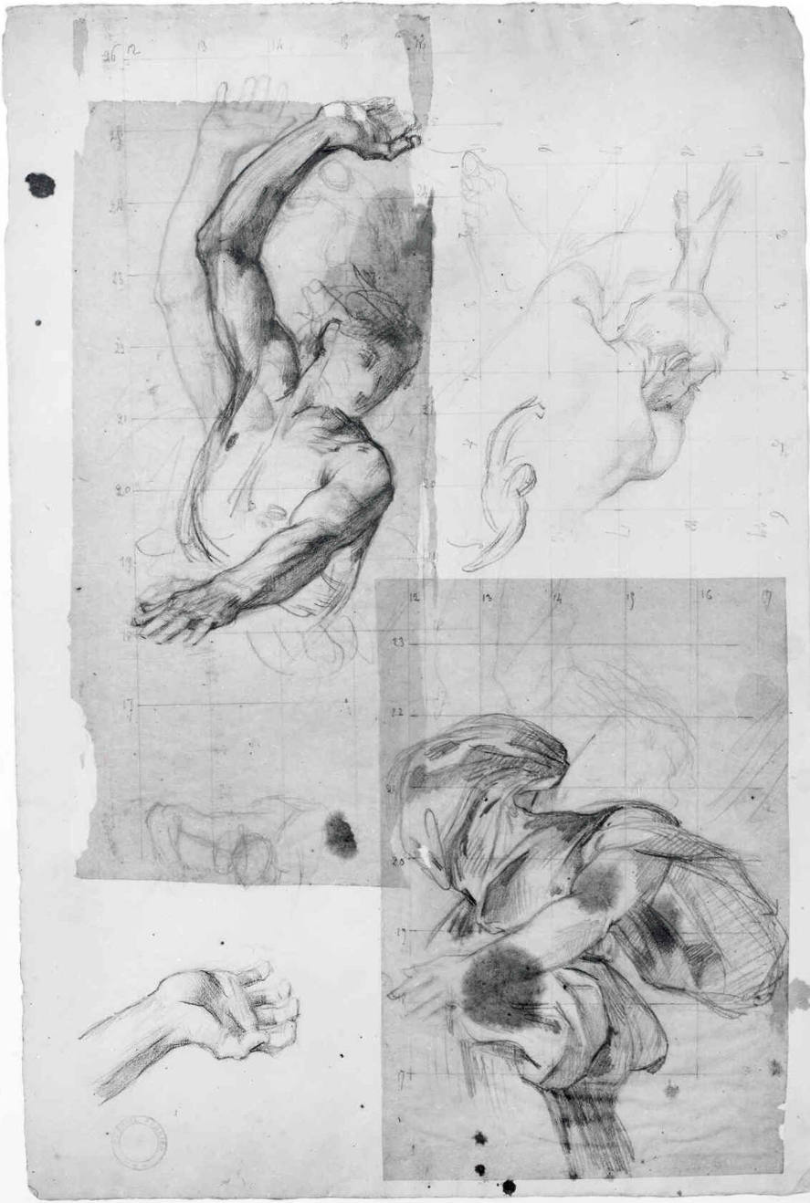 Studies of a man reaching up, hand and foot studies