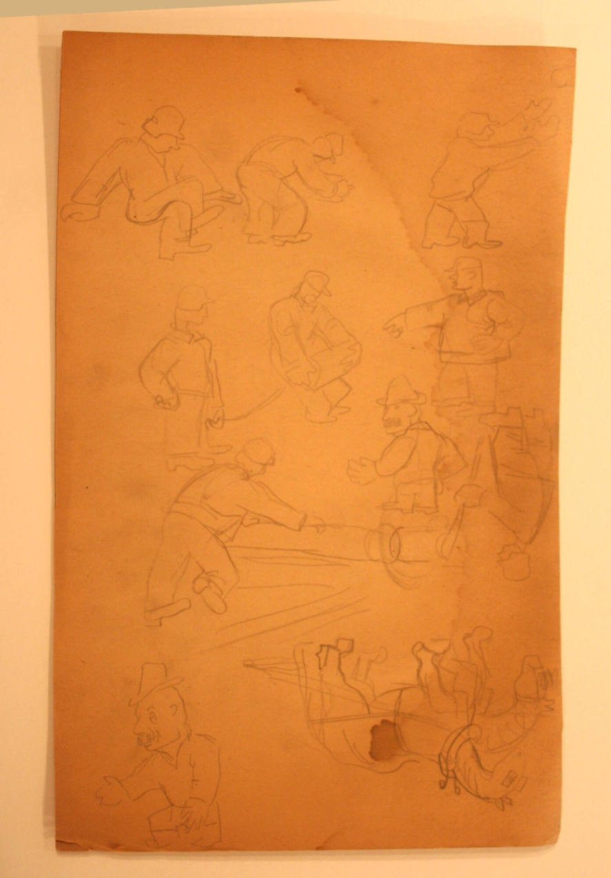 Brown paper sketches of men working, horses