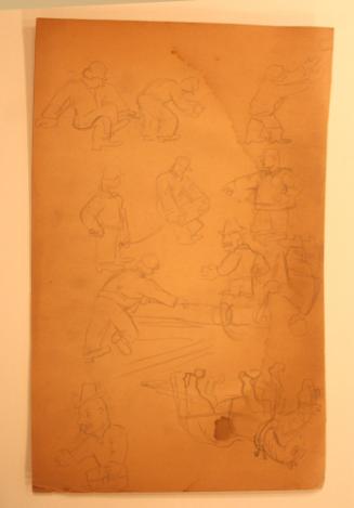 Brown paper sketches of men working, horses