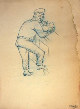 Man at Bar with Peaked Cap, Glass and Cigarette