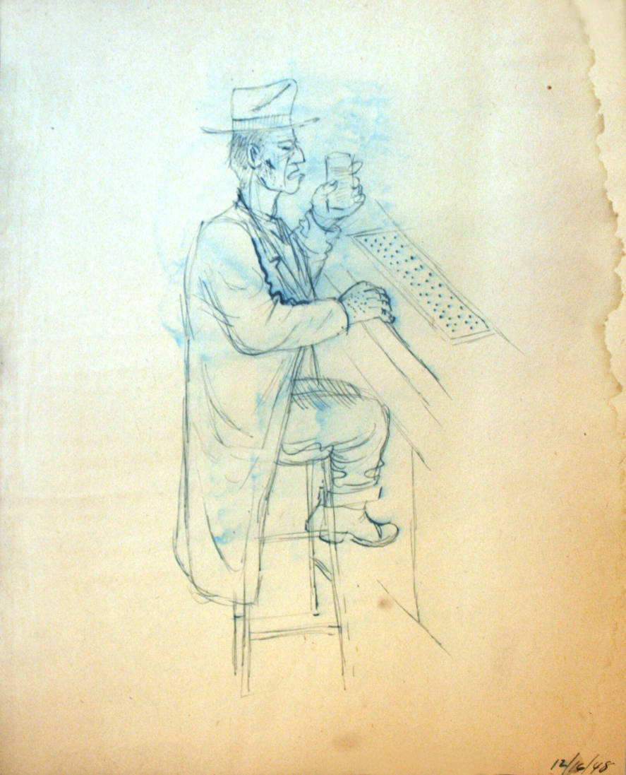 Man at Bar with Hat and a Drink in Hand